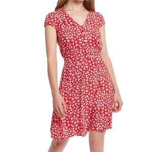 NWOT LOUCHE Dress 4 Floral Red”Cathleen”Tie 1/2-Elastic-Waist Pocket Short-Sleev